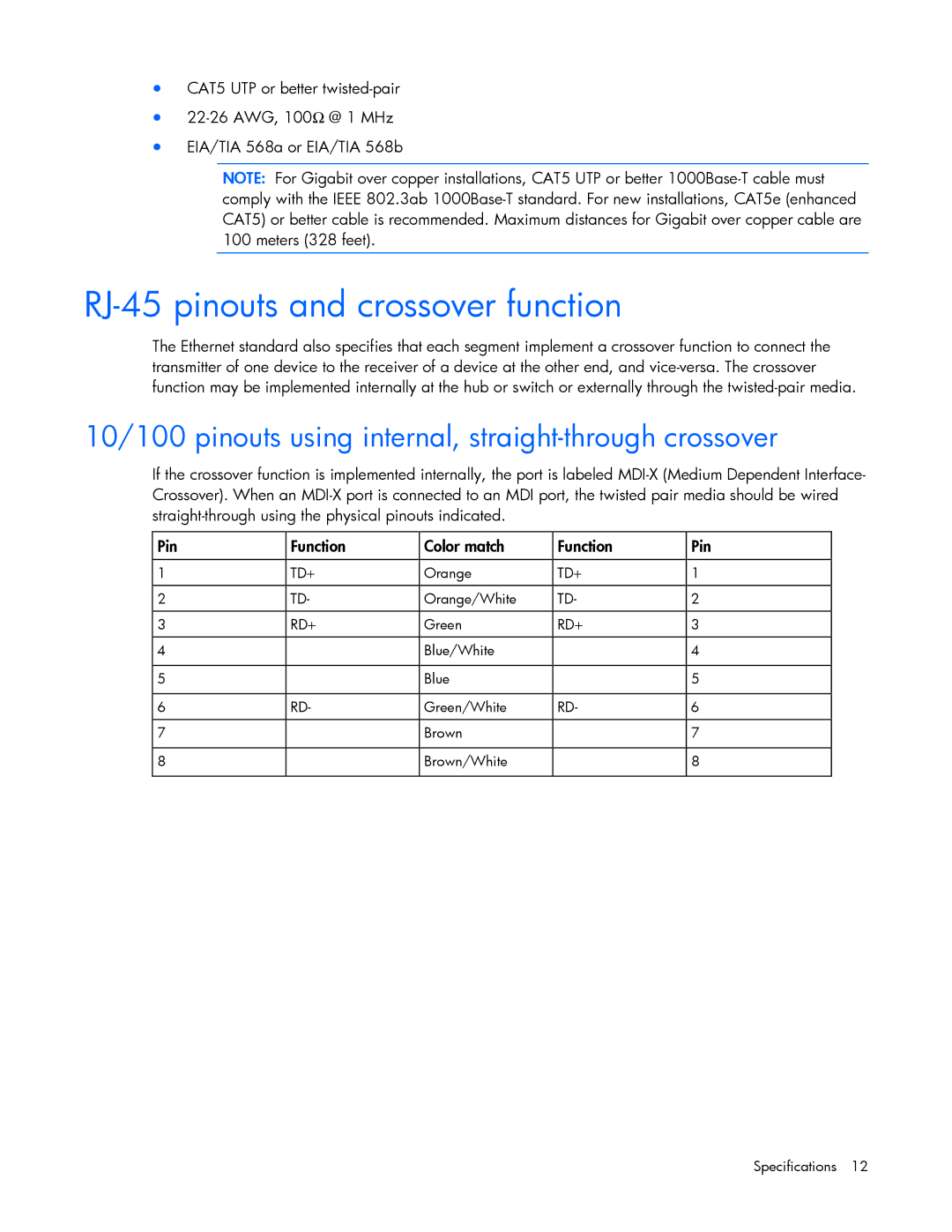 HP NC380T manual RJ-45 pinouts and crossover function, 10/100 pinouts using internal, straight-through crossover 