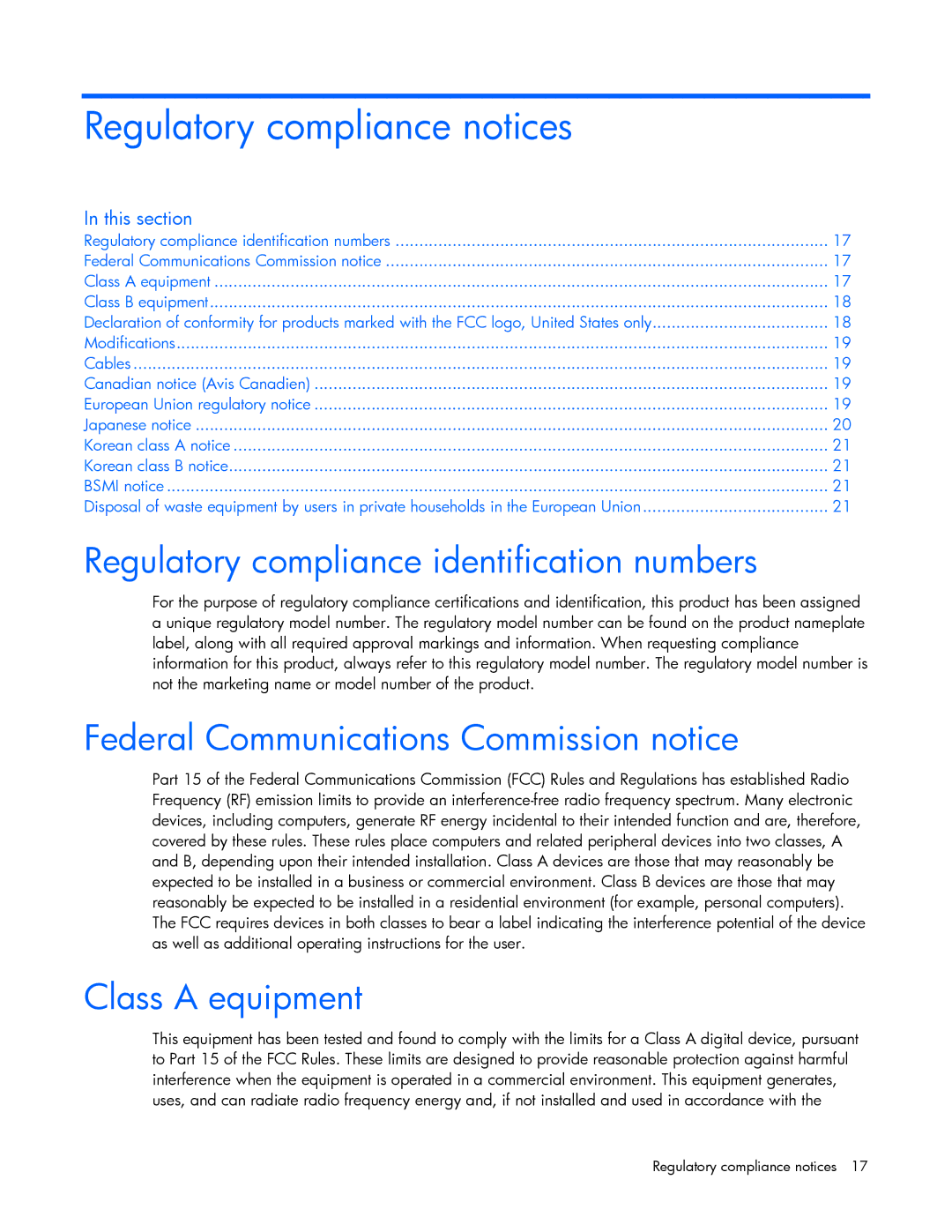 HP NC380T manual Regulatory compliance notices, Regulatory compliance identification numbers, Class a equipment 