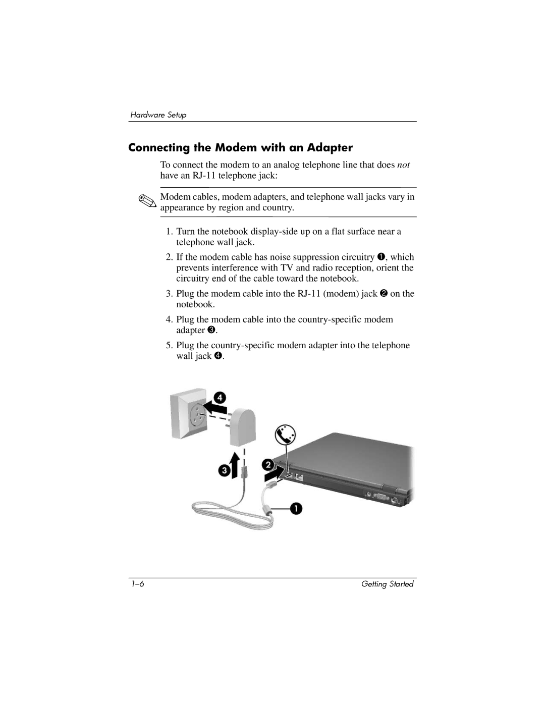 HP NC4200 manual Connecting the Modem with an Adapter 