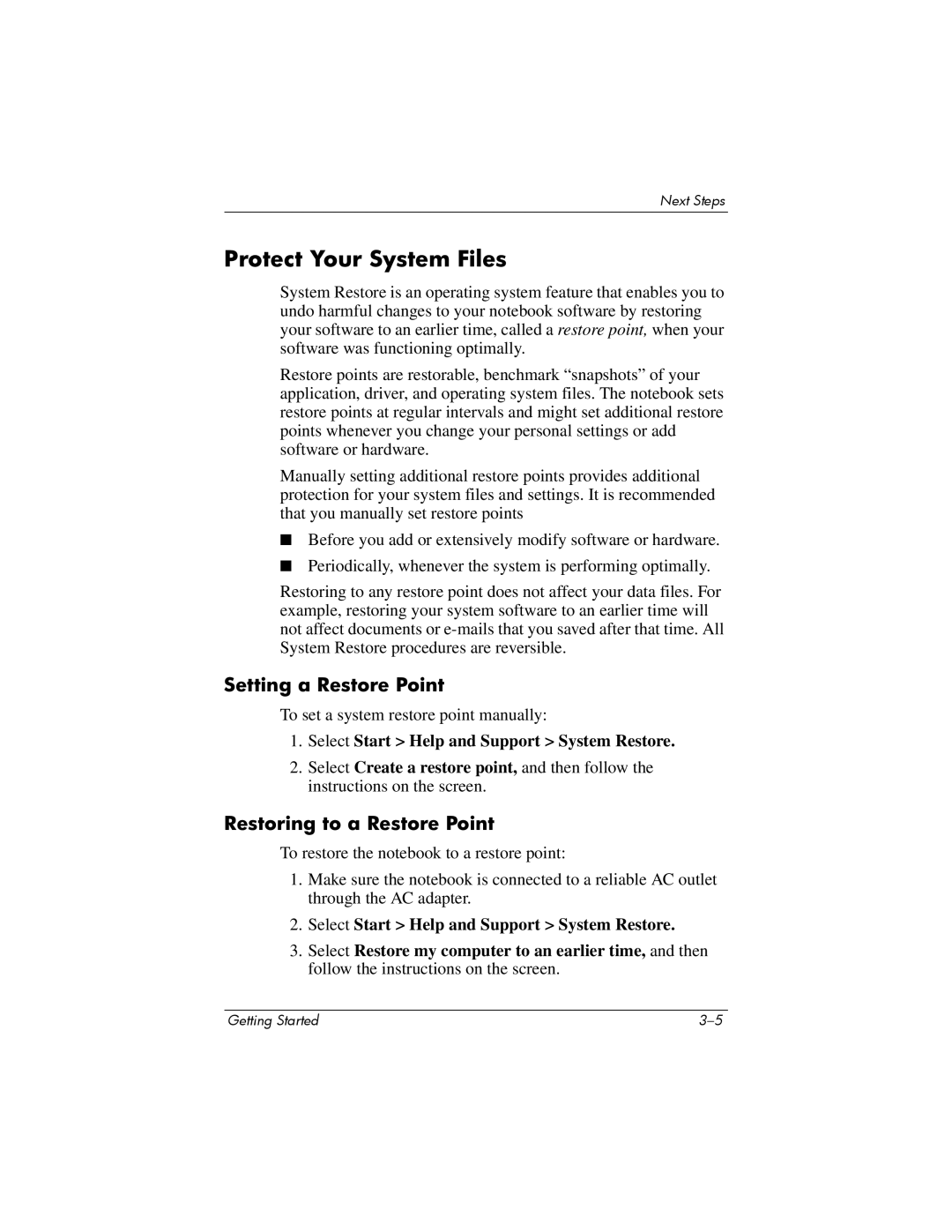 HP NC4200 manual Protect Your System Files, Setting a Restore Point 