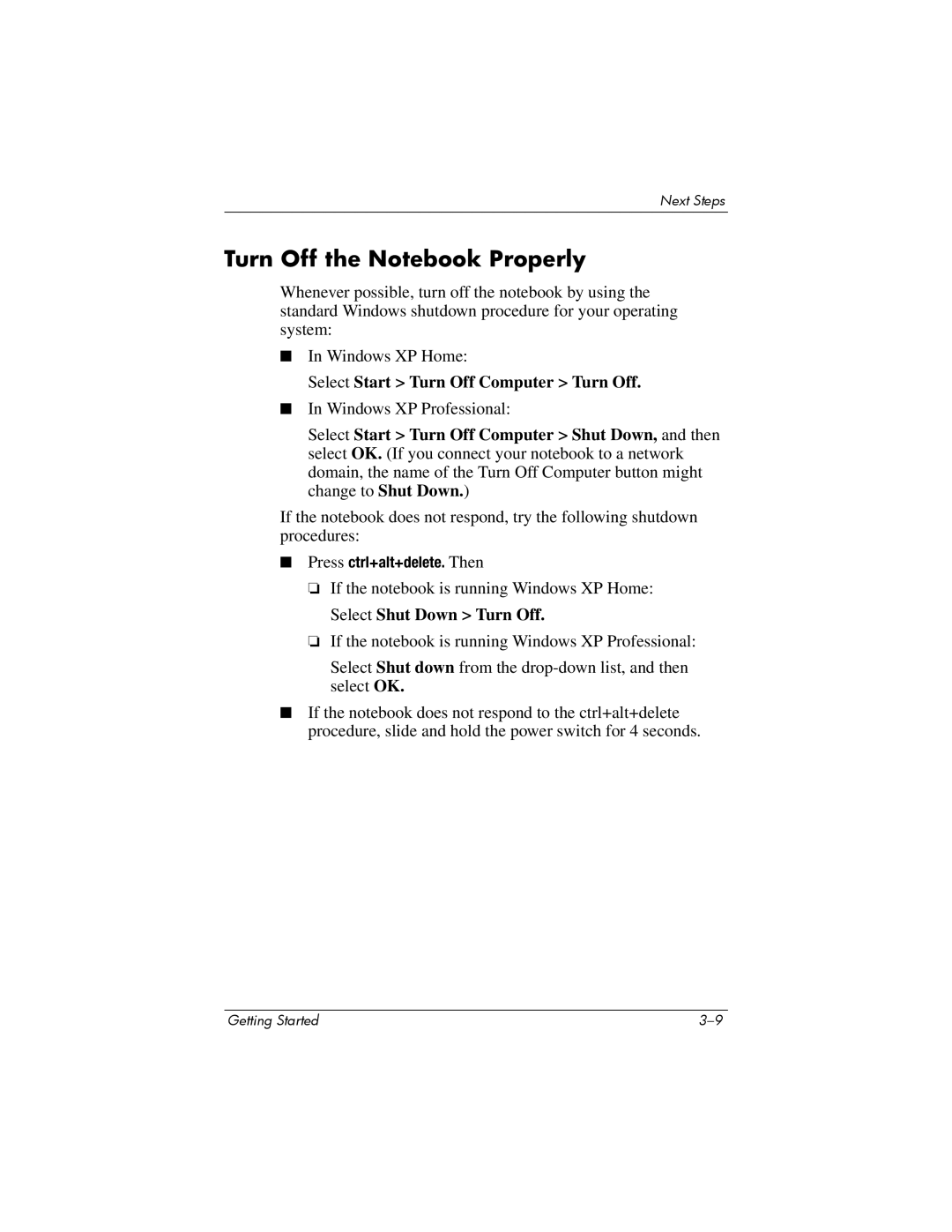 HP NC4200 manual Turn Off the Notebook Properly 