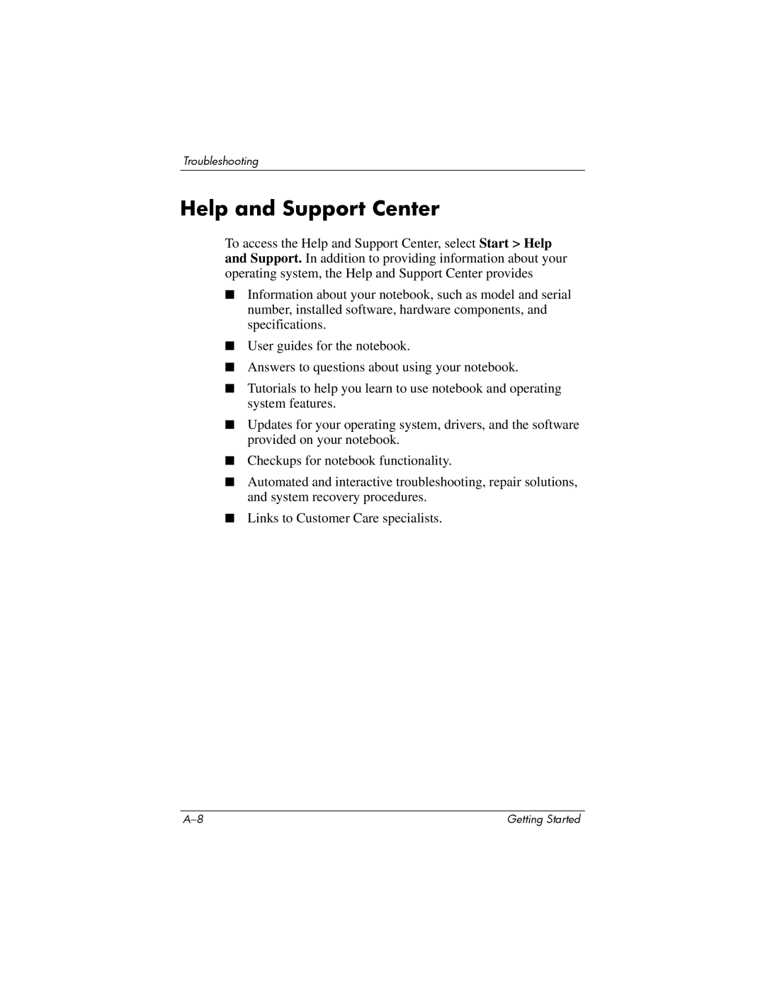 HP NC4200 manual Help and Support Center 