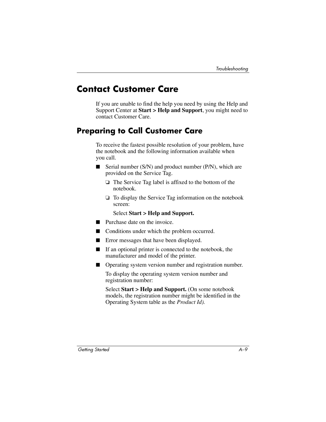 HP NC4200 manual Contact Customer Care, Preparing to Call Customer Care 