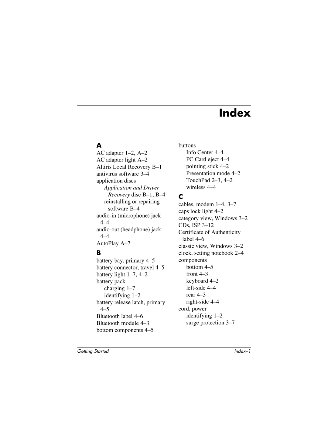 HP NC4200 manual Index, Application and Driver 