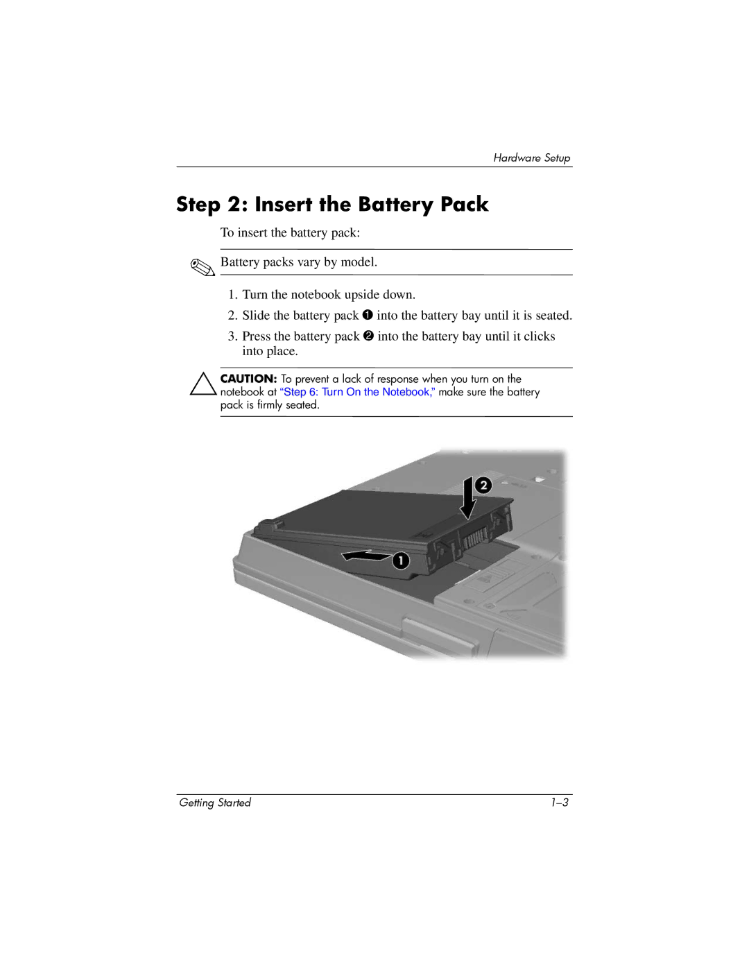 HP NC4200 manual Insert the Battery Pack 