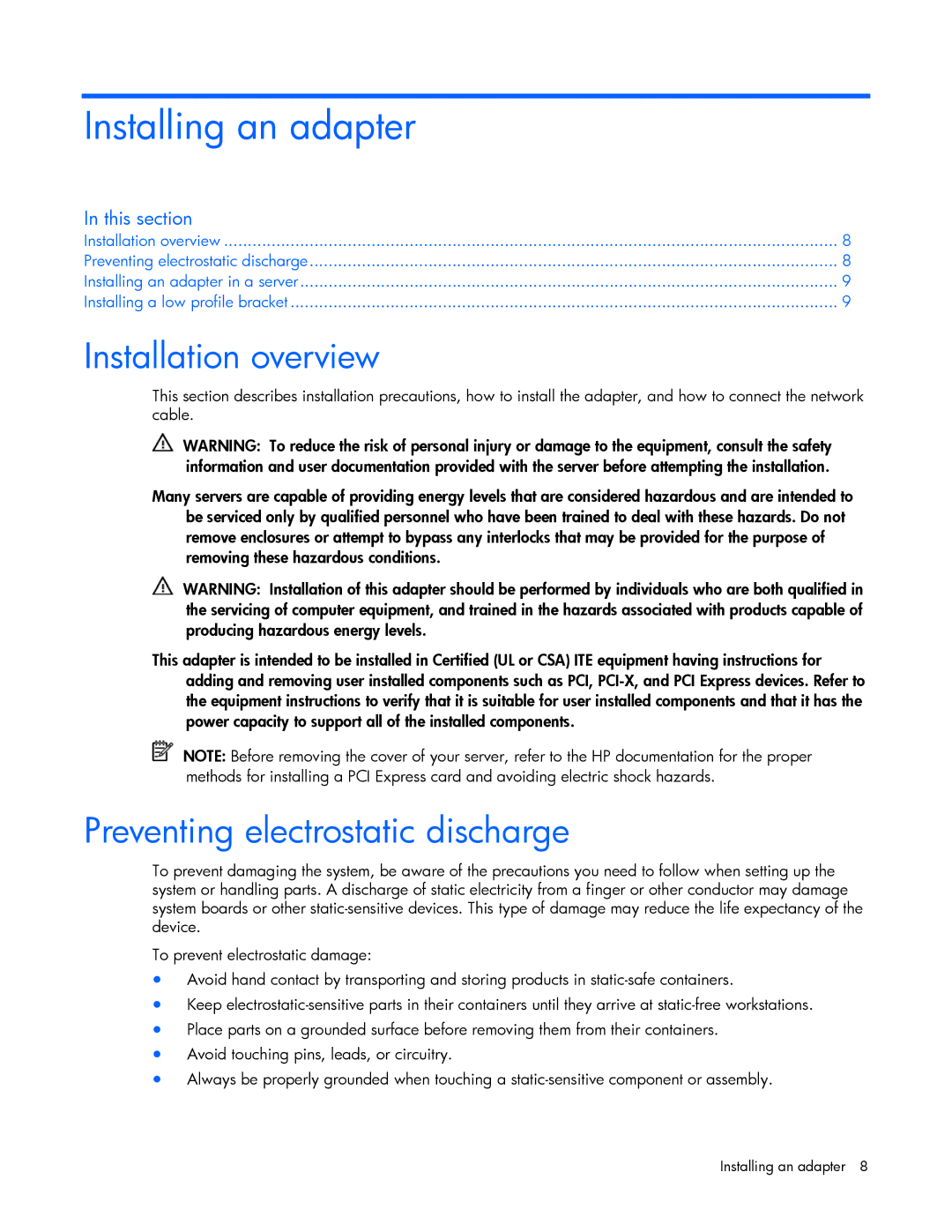 HP NC510C manual Installing an adapter, Installation overview, Preventing electrostatic discharge 