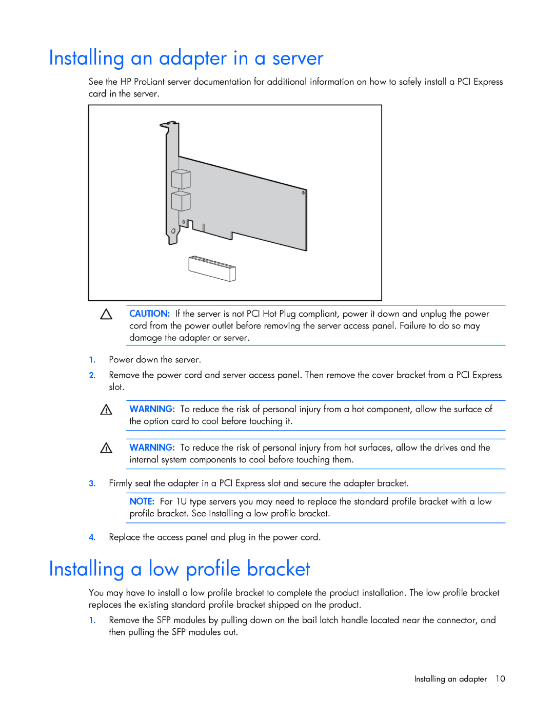 HP NC522SFP manual Installing an adapter in a server, Installing a low profile bracket 