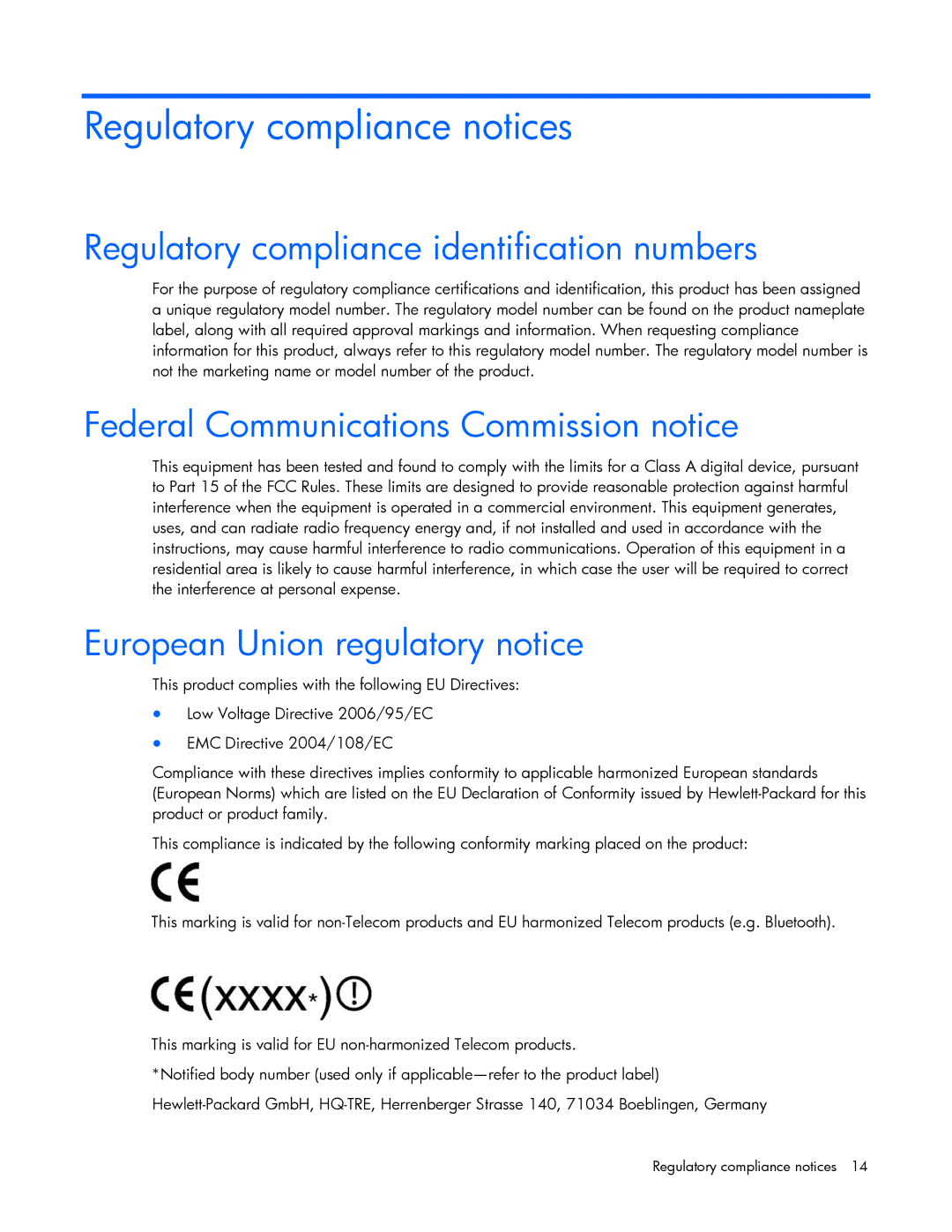 HP NC522SFP Regulatory compliance notices, Regulatory compliance identification numbers, European Union regulatory notice 