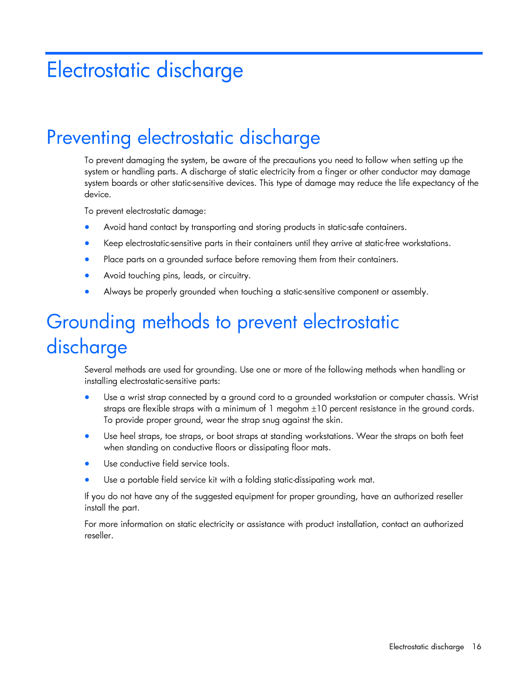 HP NC522SFP manual Electrostatic discharge, Grounding methods to prevent electrostatic discharge 