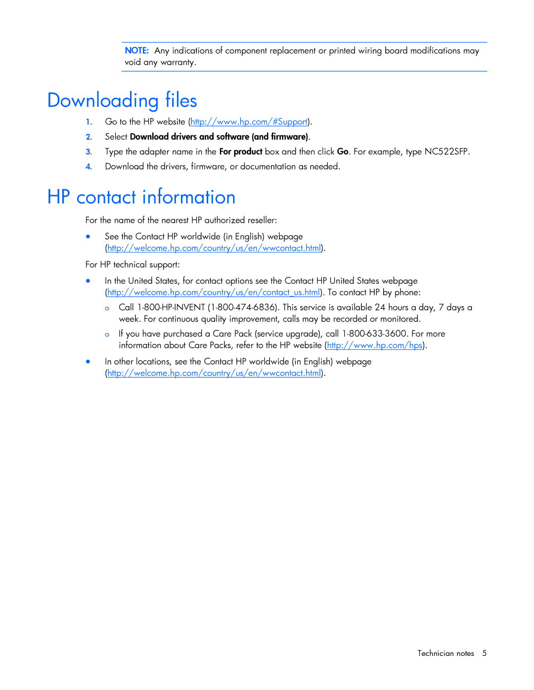 HP NC522SFP manual Downloading files, HP contact information 