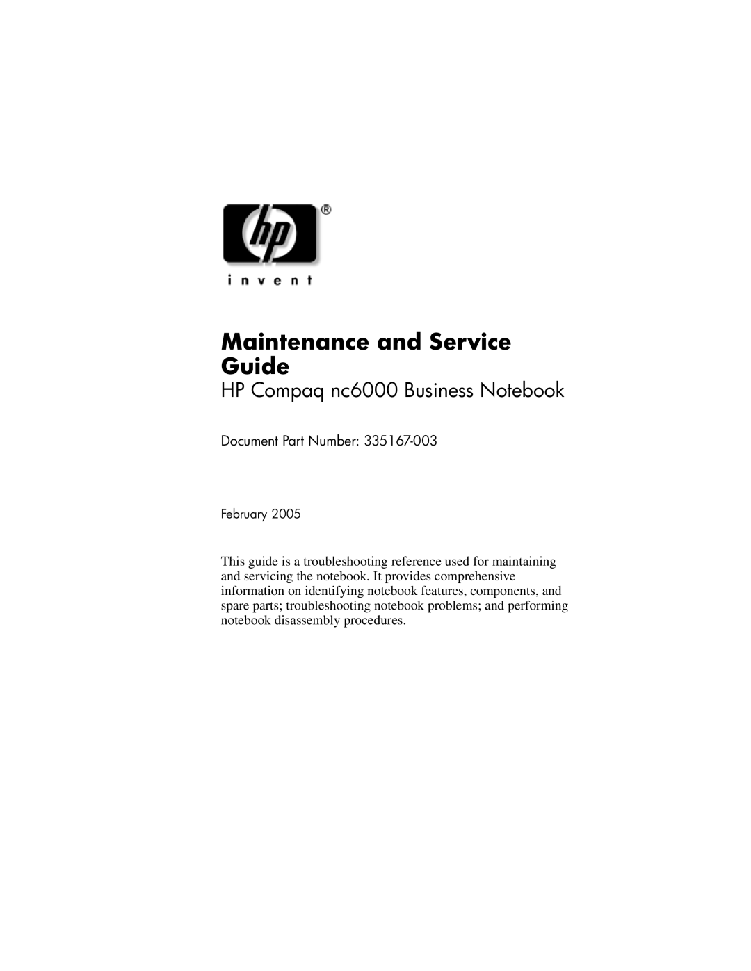 HP 335167-003, nc6000 manual Maintenance and Service Guide 