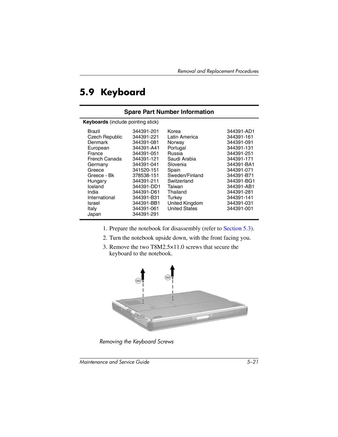 HP nc6000, 335167-003 manual Keyboard 