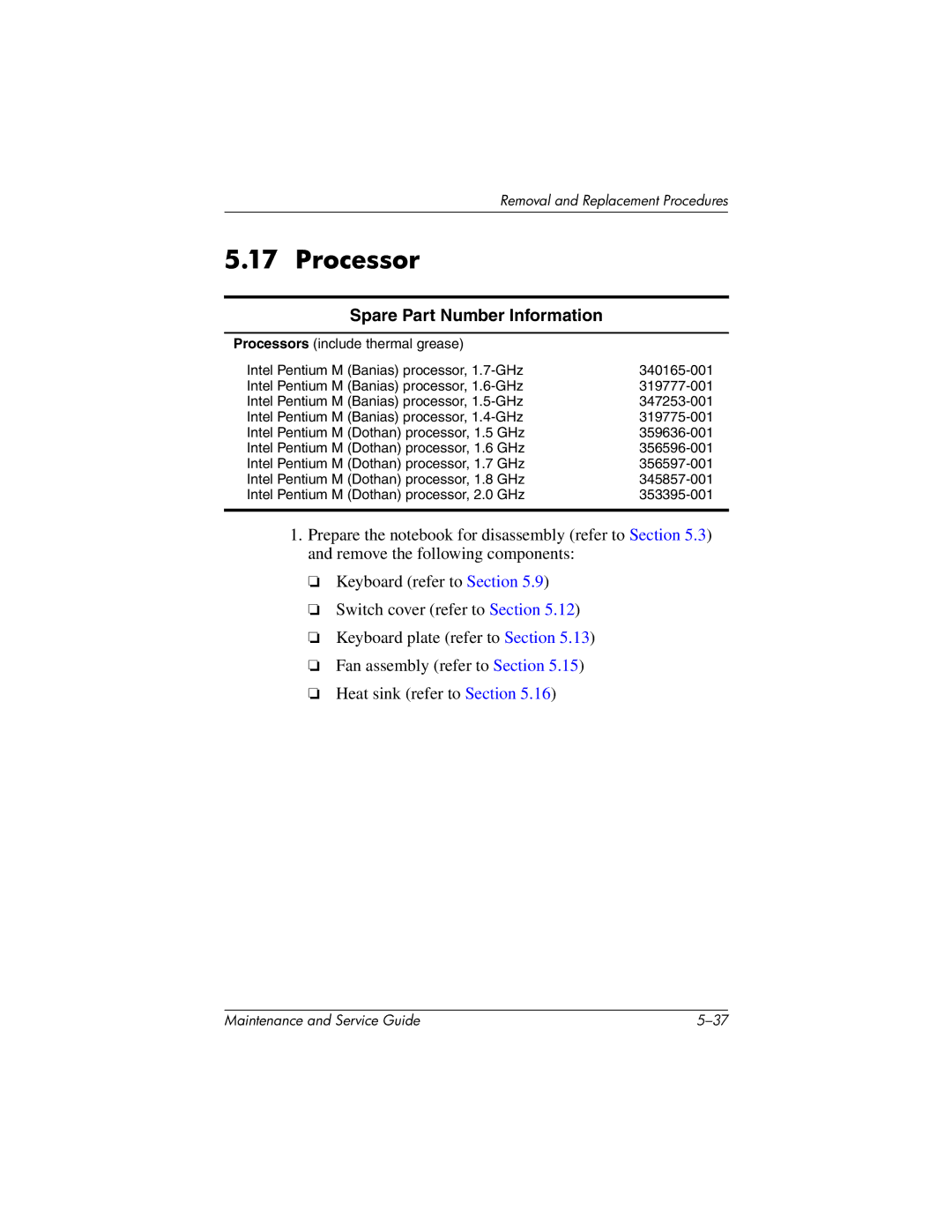 HP nc6000, 335167-003 manual Processor, Spare Part Number Information 