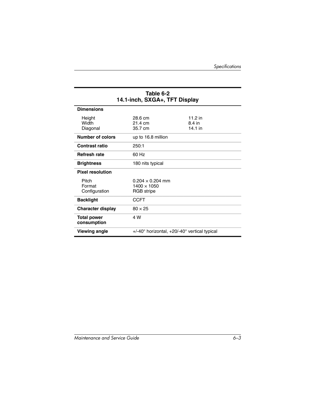 HP nc6000, 335167-003 manual Inch, SXGA+, TFT Display 