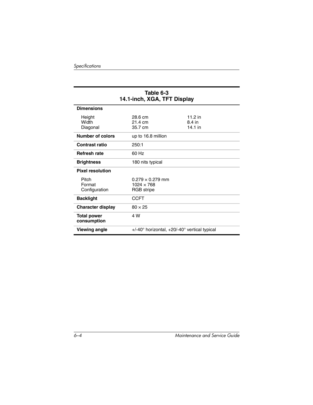 HP 335167-003, nc6000 manual Inch, XGA, TFT Display 