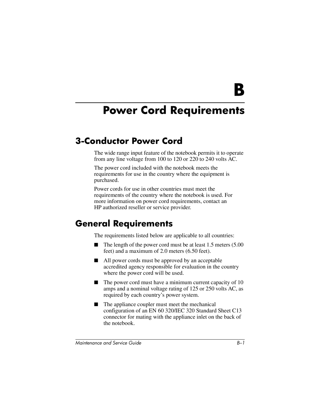 HP 335167-003, nc6000 manual Conductor Power Cord, General Requirements 