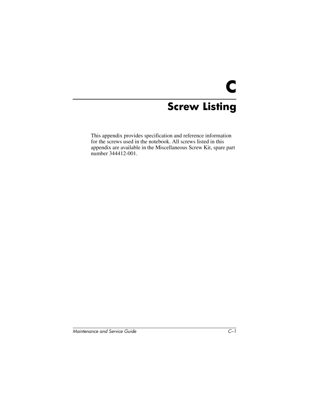 HP nc6000, 335167-003 manual Screw Listing 