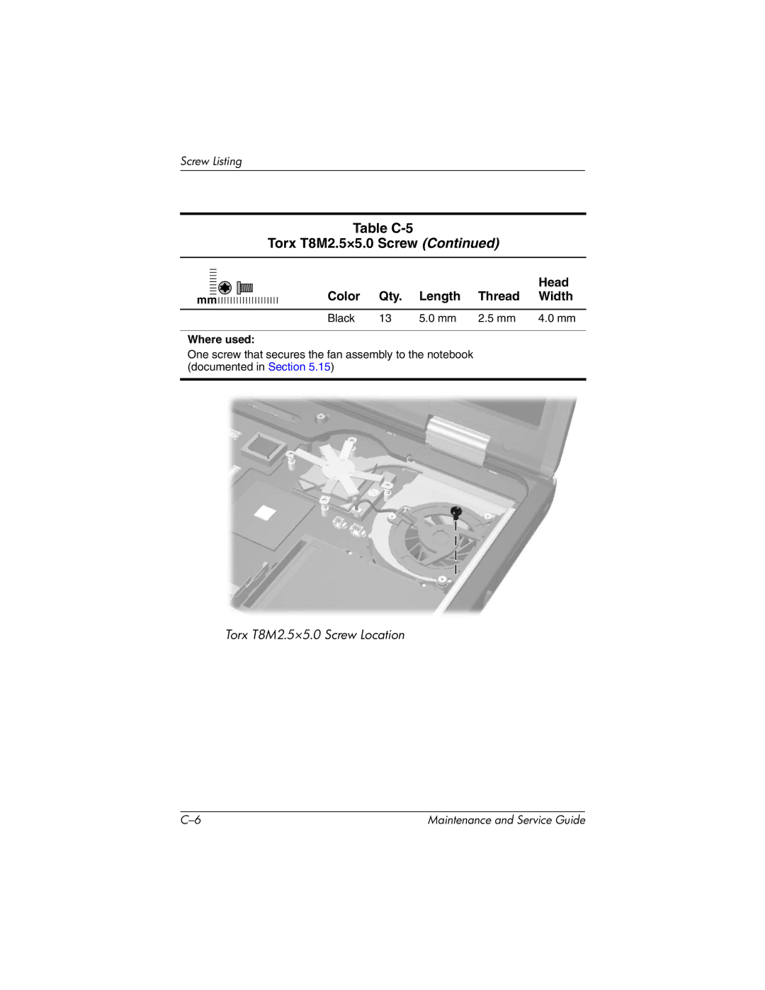 HP 335167-003, nc6000 manual Head Color Qty. Length Thread Width 