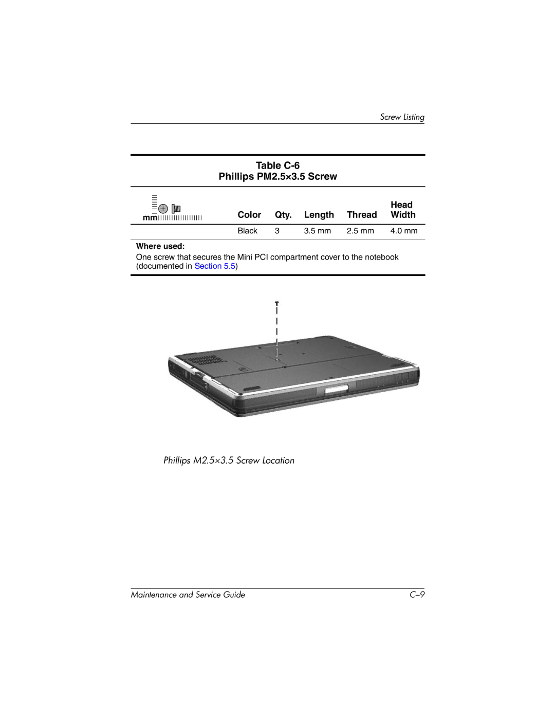 HP nc6000, 335167-003 manual Table C-6 Phillips PM2.5×3.5 Screw, Head 