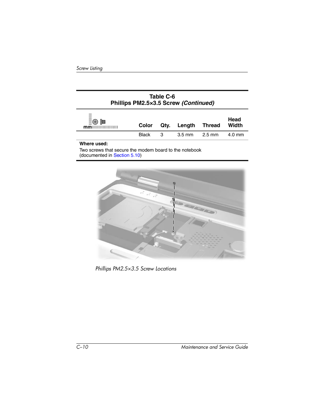 HP 335167-003, nc6000 manual Phillips PM2.5×3.5 Screw Locations 