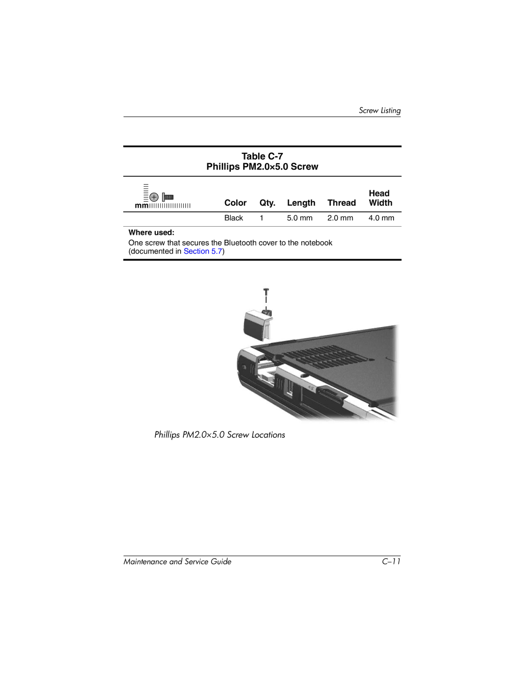 HP nc6000, 335167-003 manual Table C-7 Phillips PM2.0×5.0 Screw 