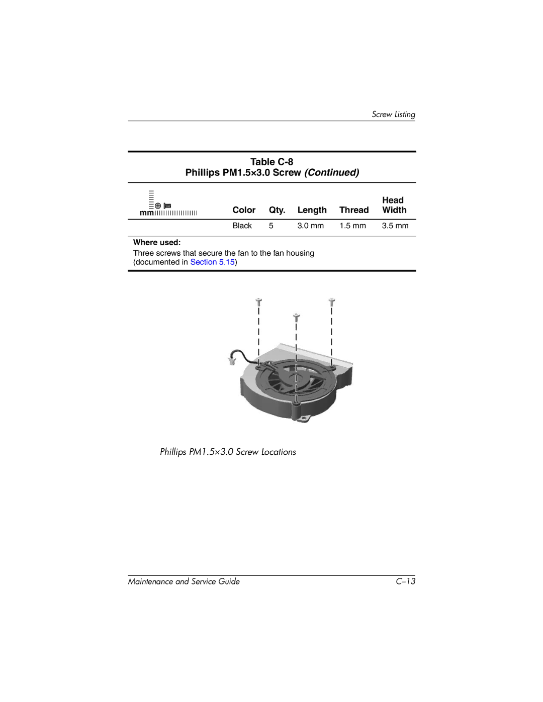 HP nc6000, 335167-003 manual Table C-8 Phillips PM1.5×3.0 Screw 