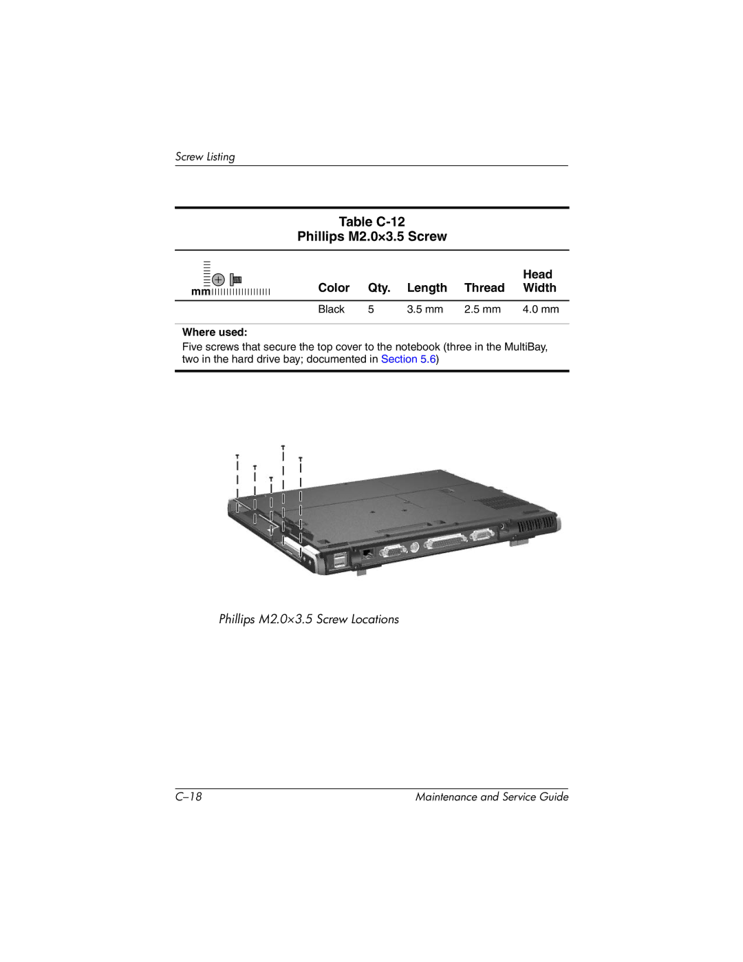 HP 335167-003, nc6000 manual Table C-12 Phillips M2.0×3.5 Screw 