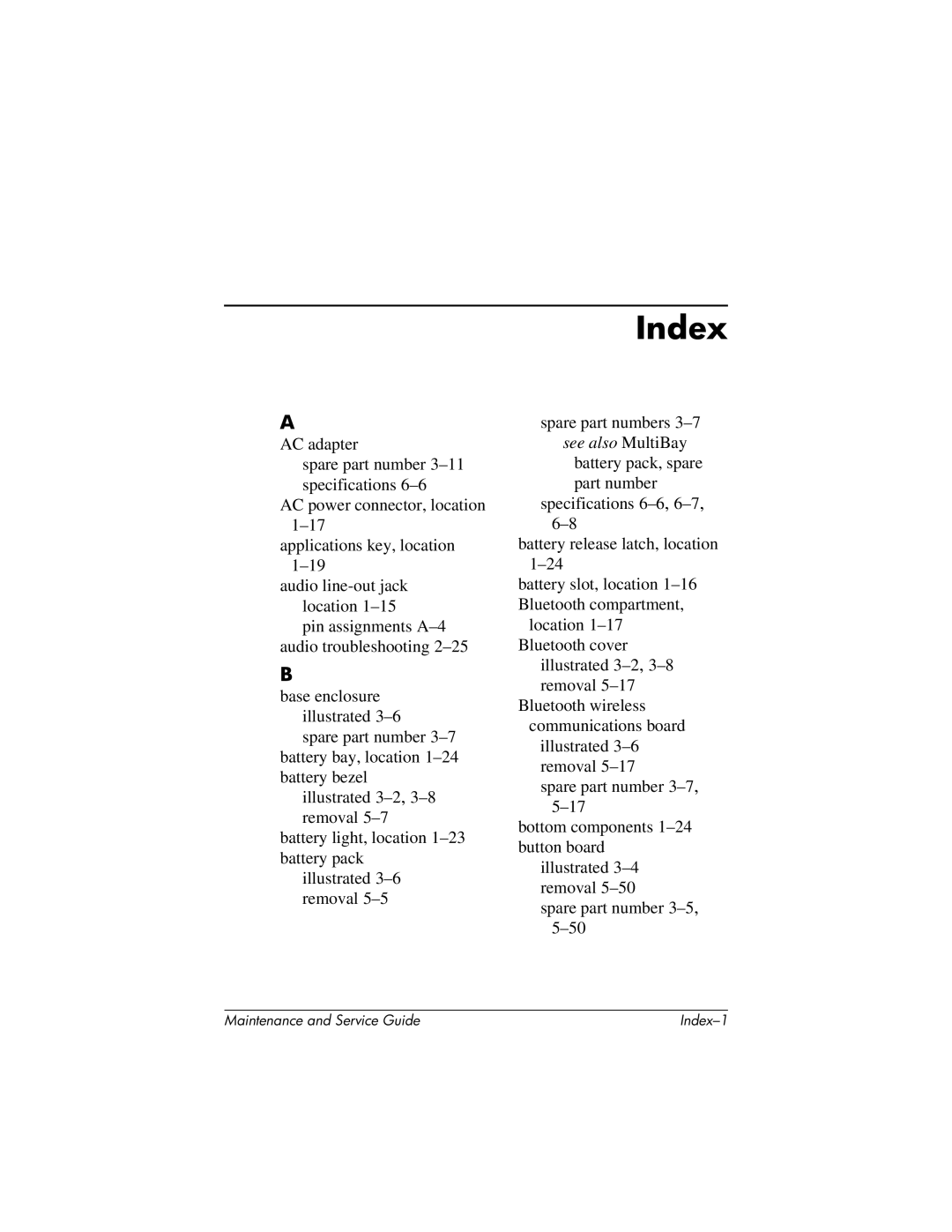 HP 335167-003, nc6000 manual Index 