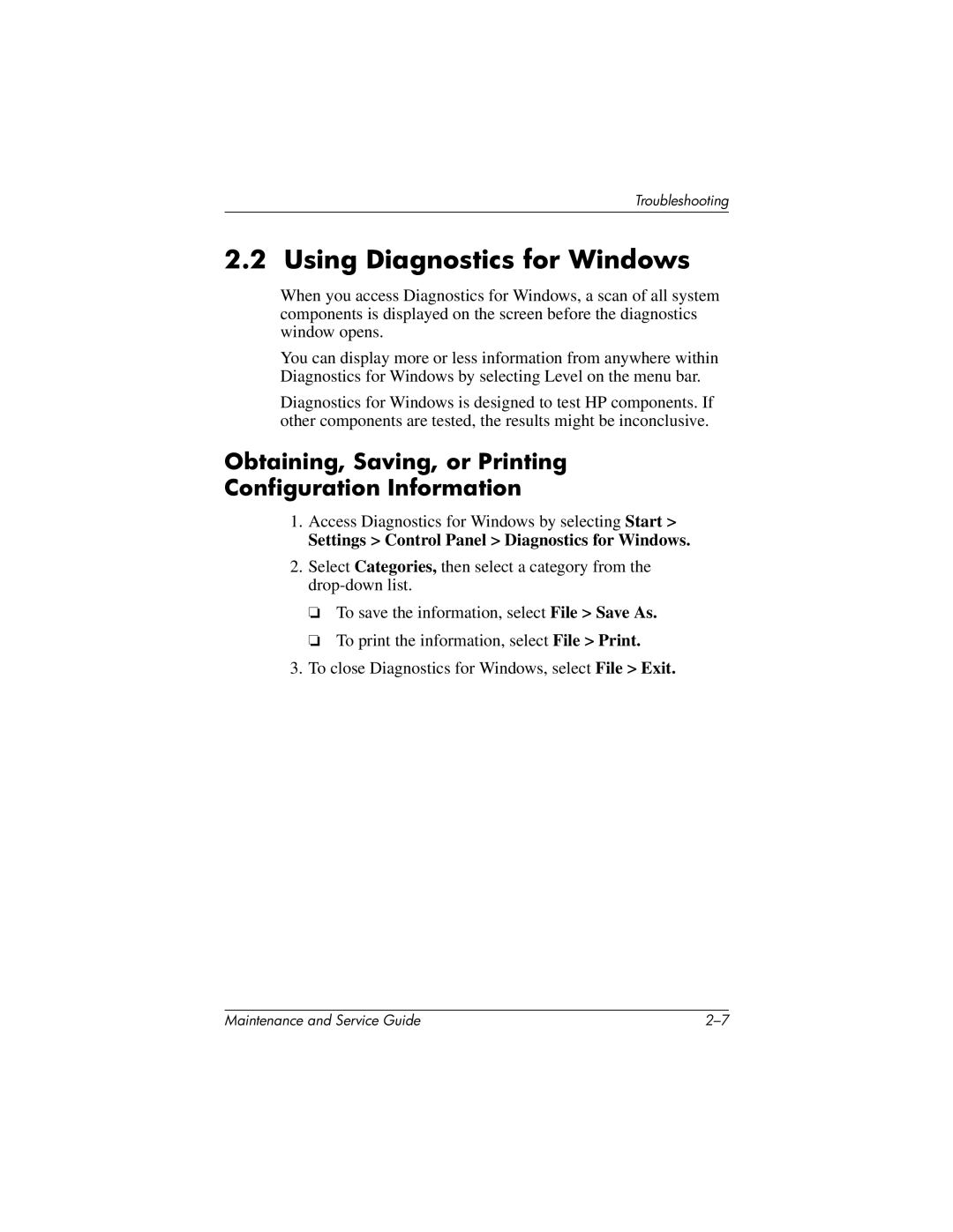 HP nc6000, 335167-003 manual Using Diagnostics for Windows, Obtaining, Saving, or Printing Configuration Information 