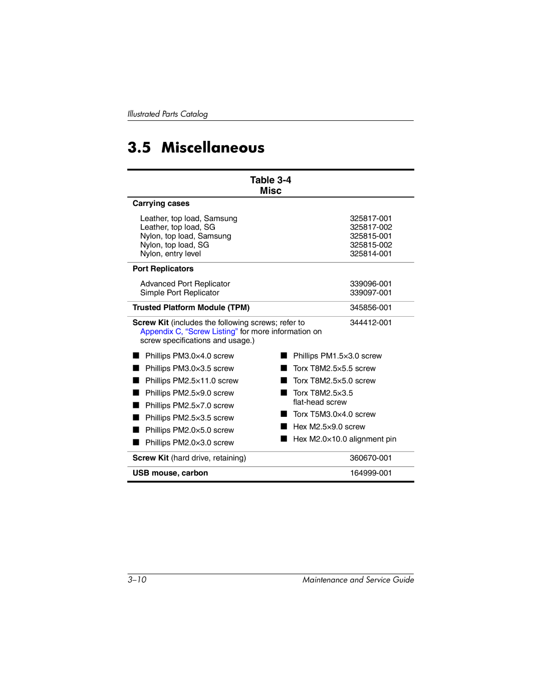 HP 335167-003, nc6000 manual Miscellaneous 