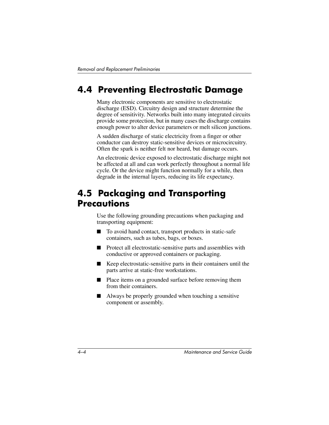 HP nc6000, 335167-003 manual Preventing Electrostatic Damage, Packaging and Transporting Precautions 