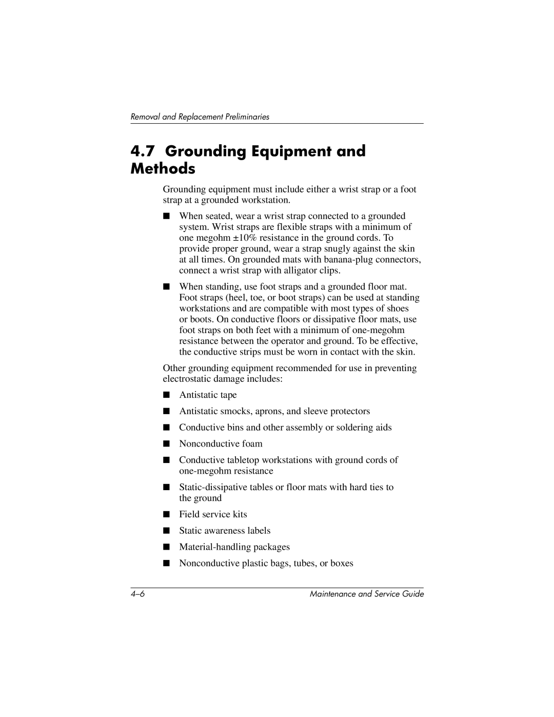 HP nc6000, 335167-003 manual Grounding Equipment and Methods 