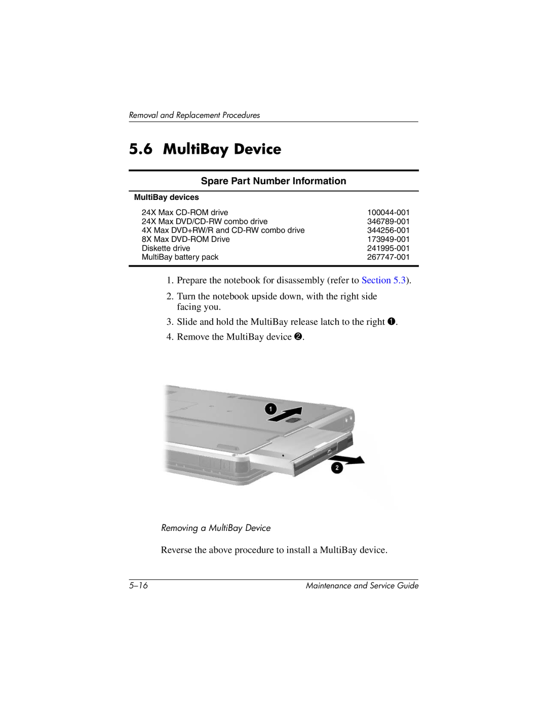 HP 335167-003, nc6000 manual MultiBay Device, Spare Part Number Information 