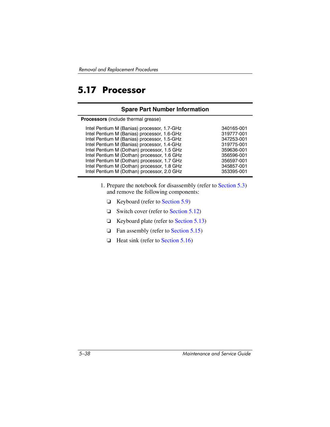 HP nc6000 manual Processor, Spare Part Number Information 