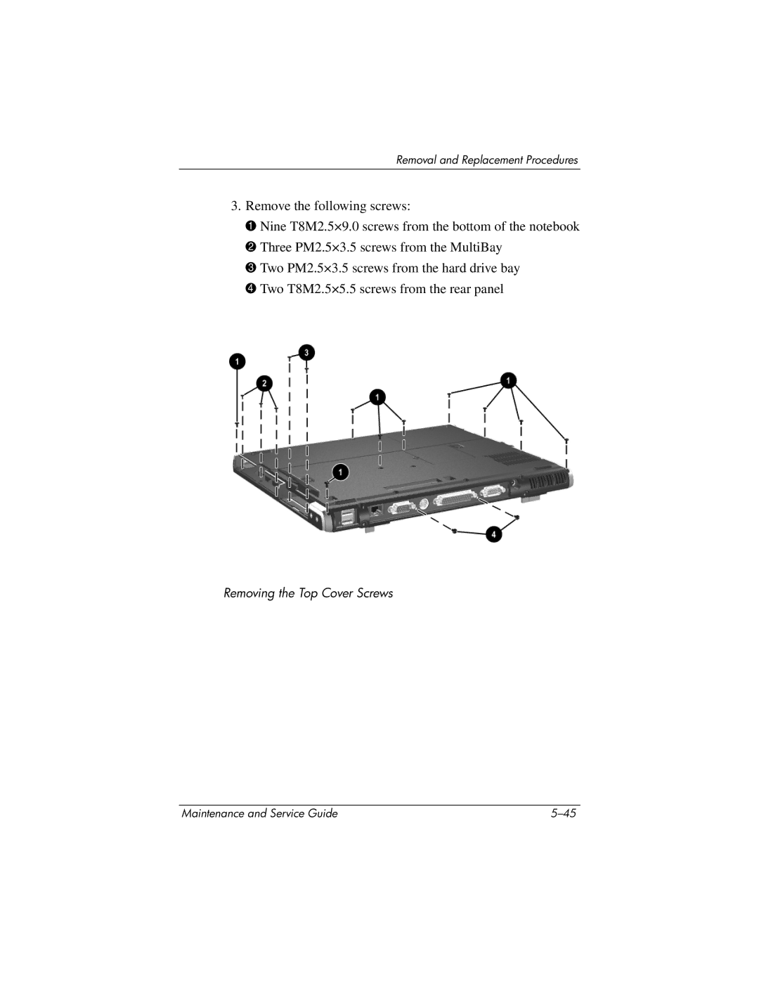 HP nc6000 manual Removing the Top Cover Screws 