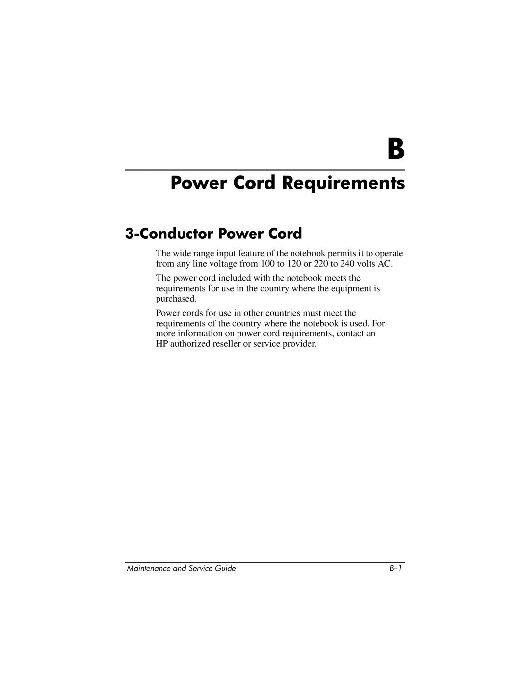 HP nc6000 manual Power Cord Requirements, Conductor Power Cord 