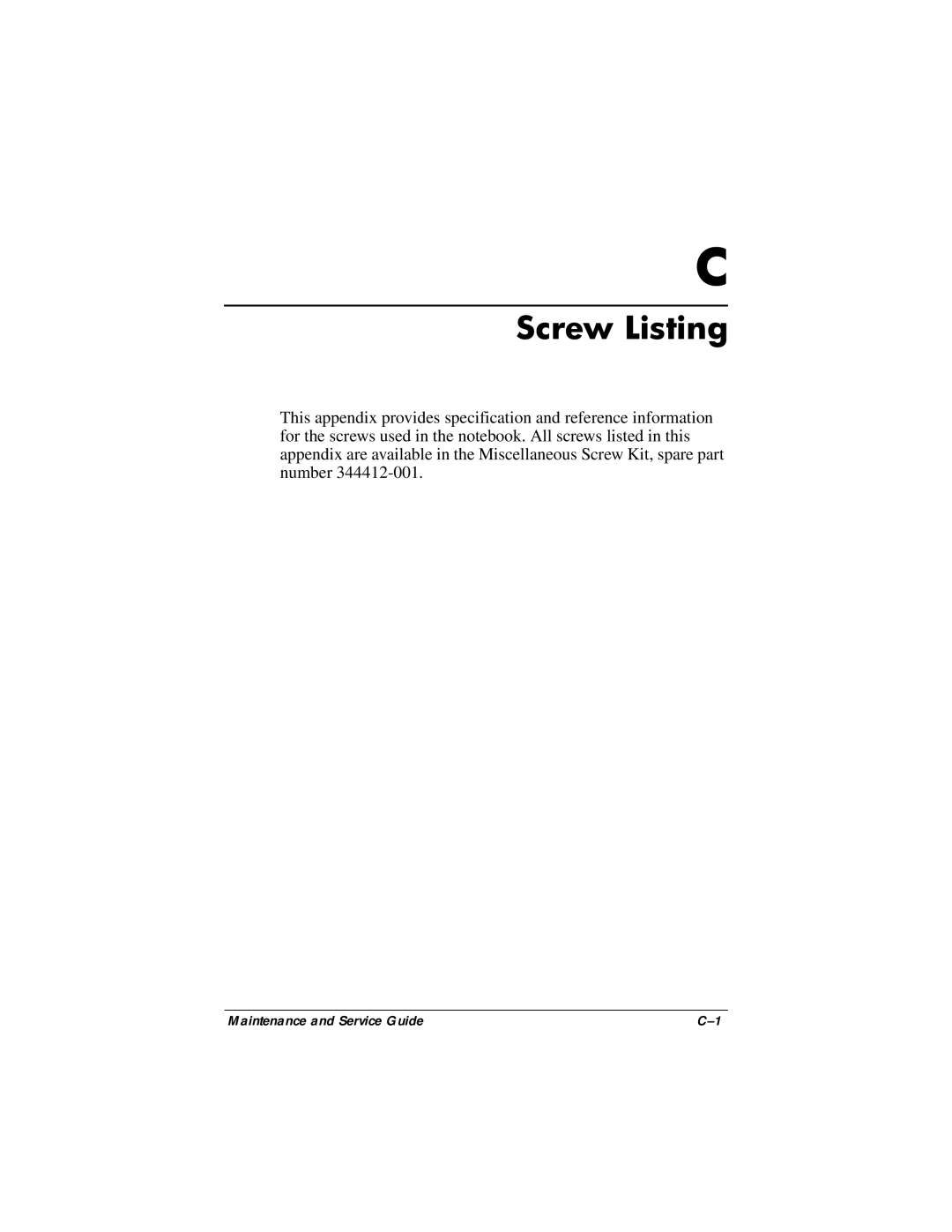 HP nc6000 manual Screw Listing 