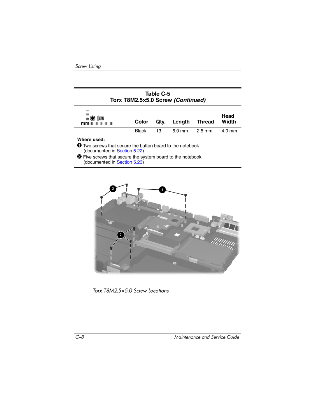 HP nc6000 manual Table C-5 Torx T8M2.5×5.0 Screw 