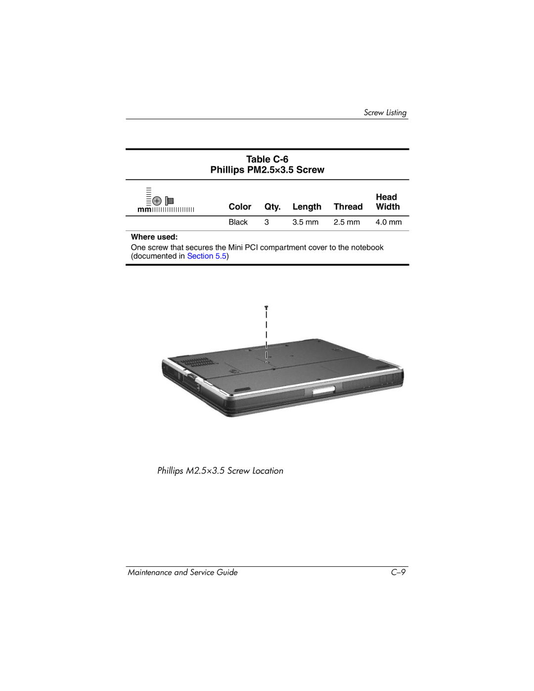 HP nc6000 manual Table C-6 Phillips PM2.5×3.5 Screw, Head 