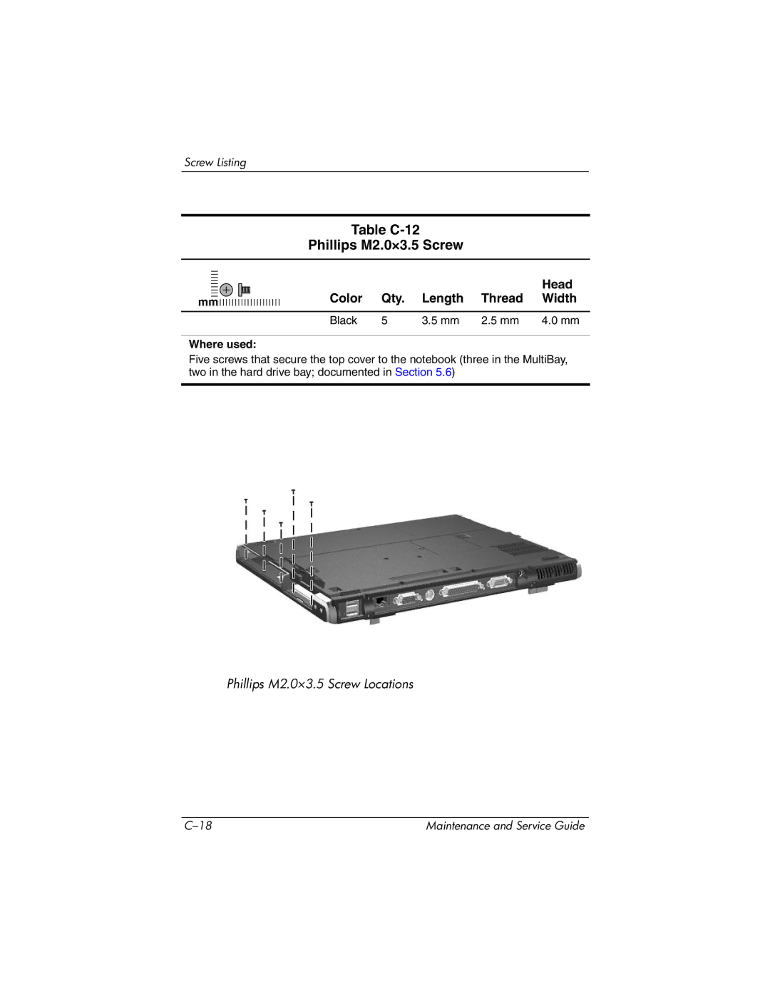 HP nc6000 manual Table C-12 Phillips M2.0×3.5 Screw 