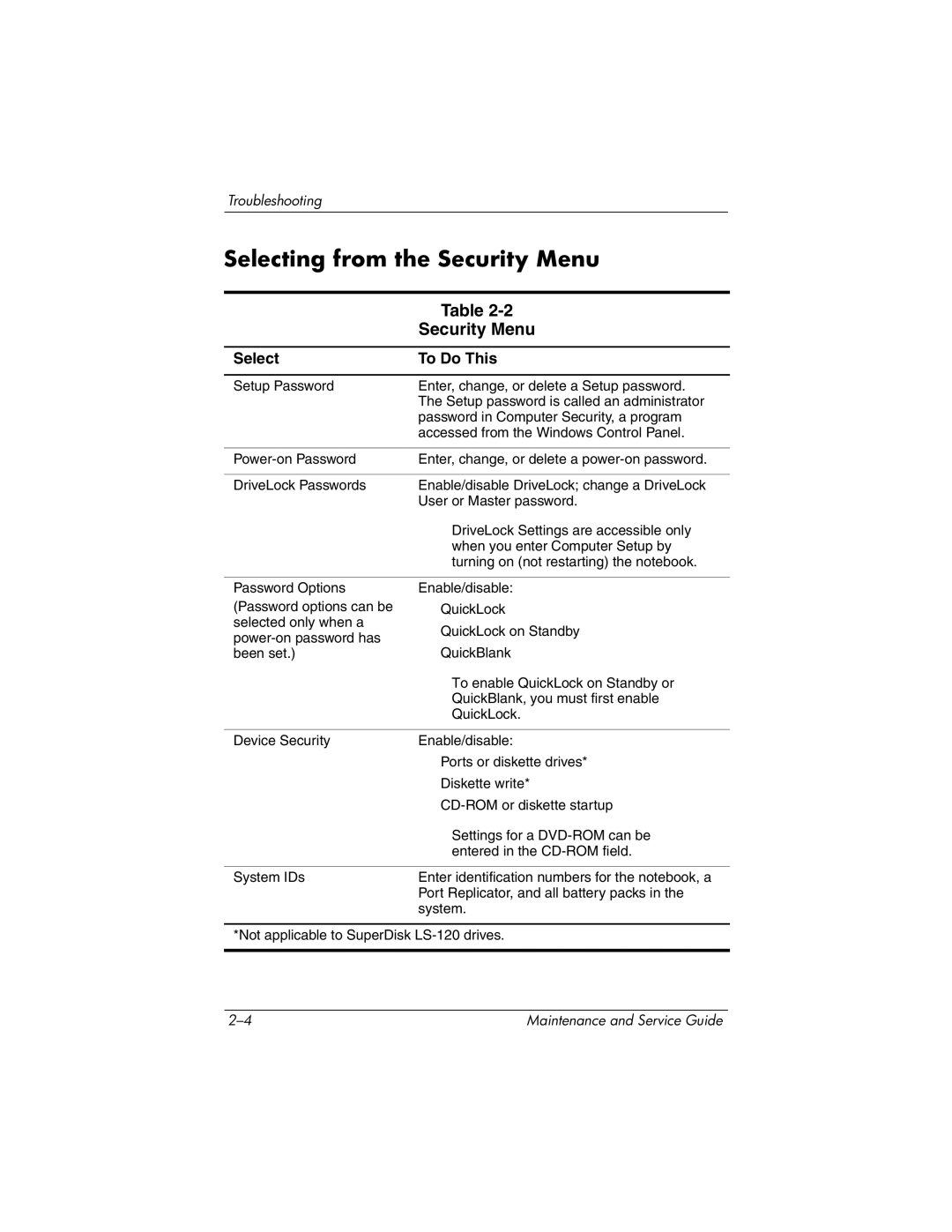 HP nc6000 manual Selecting from the Security Menu 