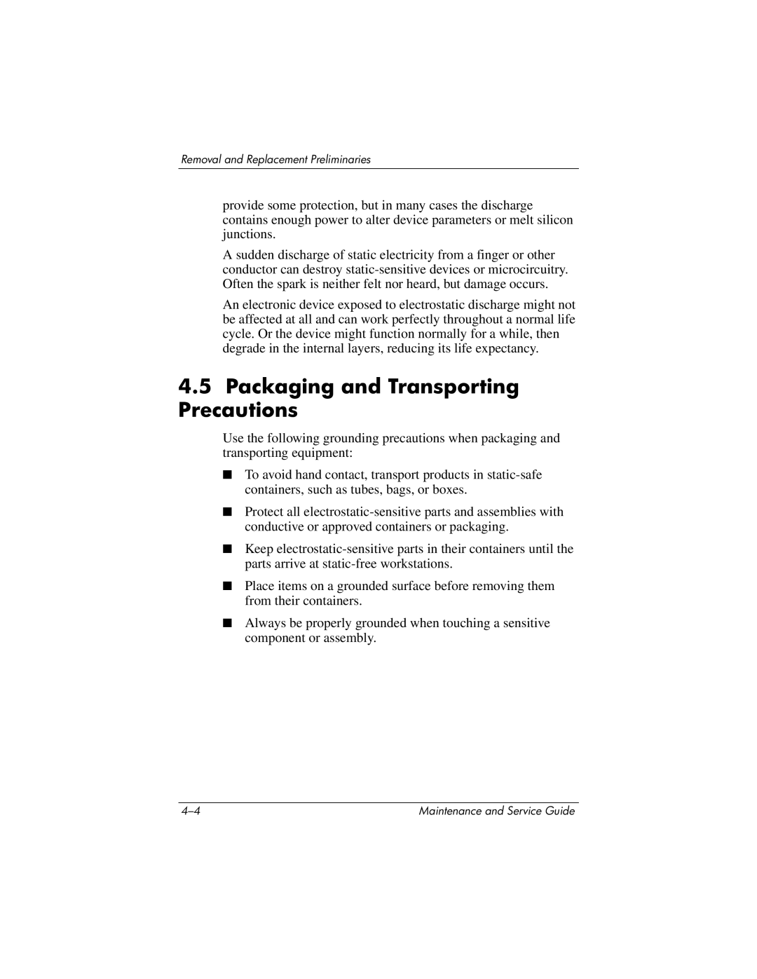 HP nc6000 manual Packaging and Transporting Precautions 