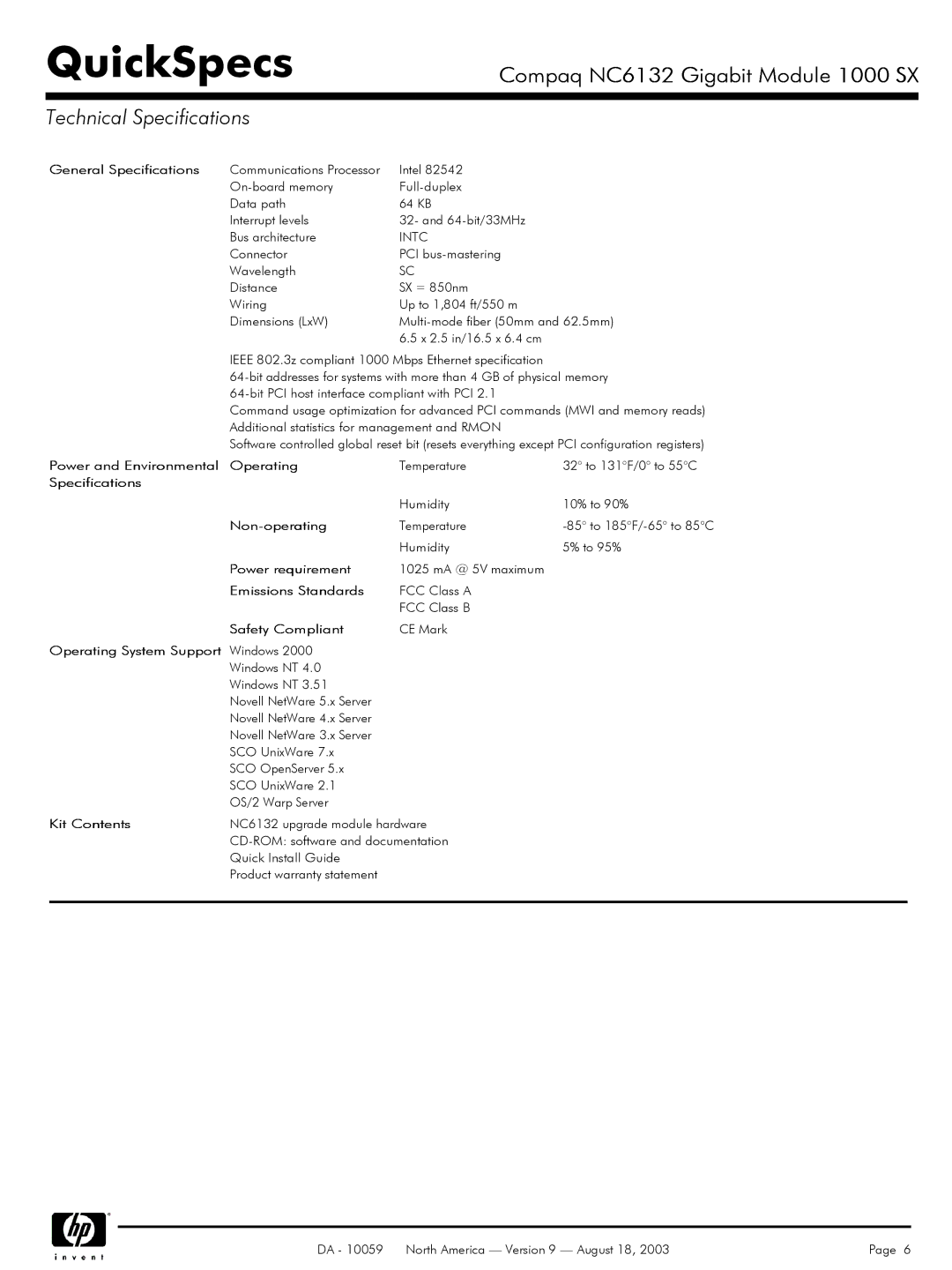 HP NC6133 manual Technical Specifications, General Specifications 