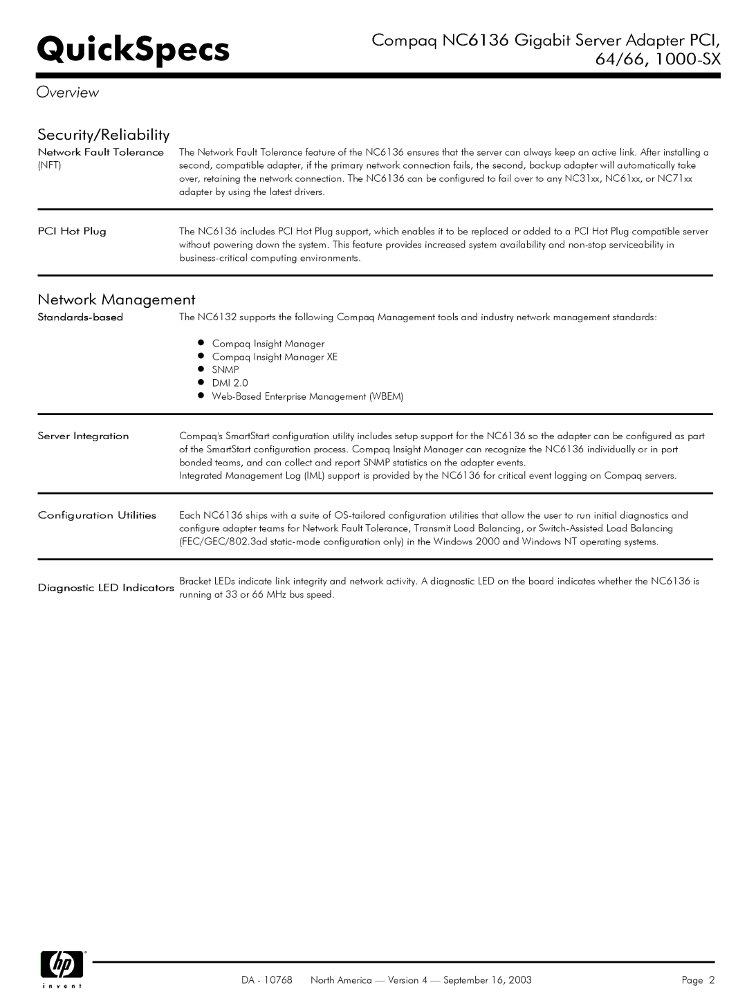 HP NC6136 manual Security/Reliability, Network Management, PCI Hot Plug, Standards-based, Server Integration 