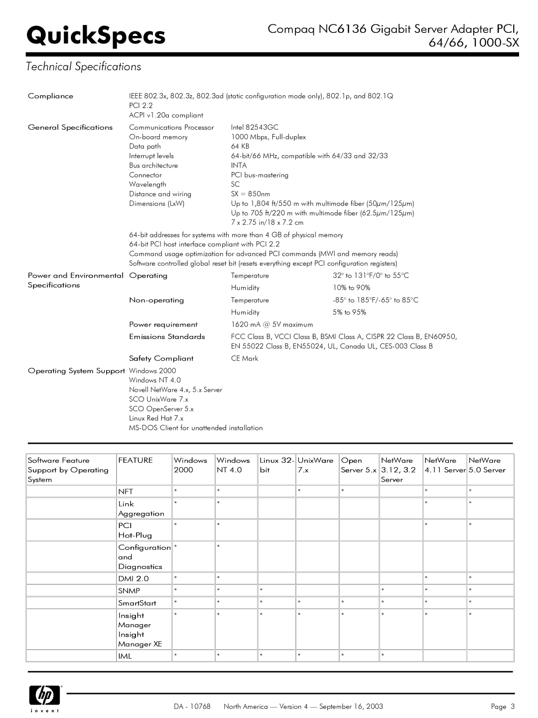 HP NC6136 manual Compliance, General Specifications, Power and Environmental Operating, Non-operating, Power requirement 