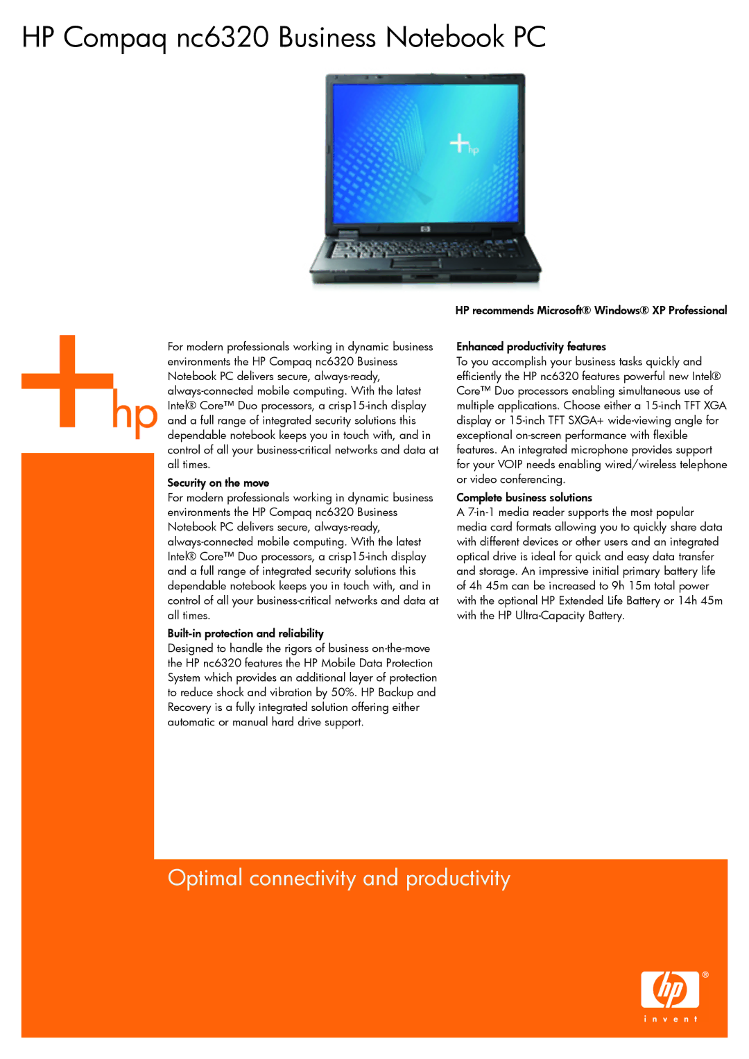 HP NC6320 manual HP Compaq nc6320 Business Notebook PC, Complete business solutions 