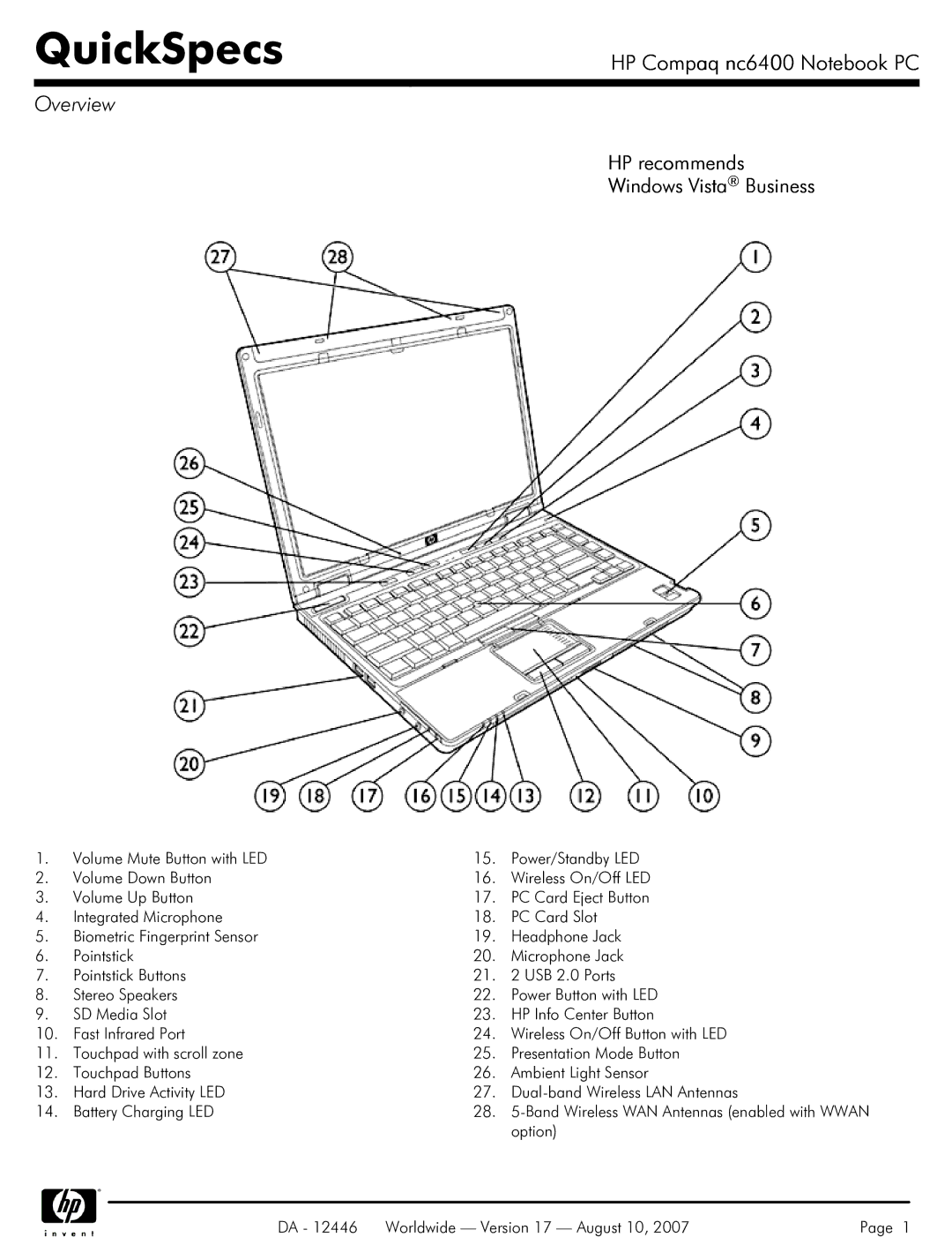 HP NC6400 manual Option, DA 12446 Worldwide Version 17 August 10 