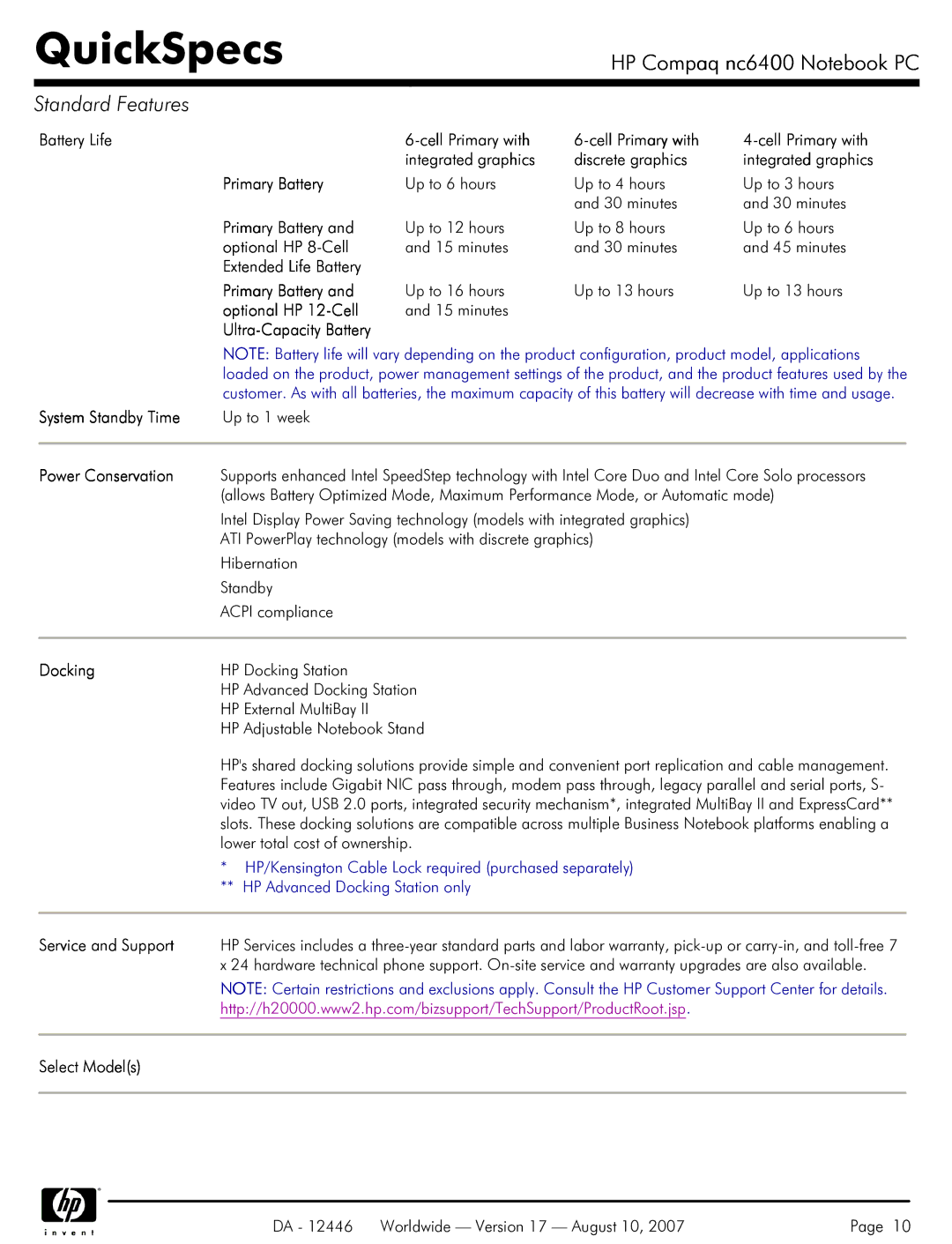 HP NC6400 manual Extended Life Battery Primary Battery, System Standby Time, Power Conservation, Docking, Select Models 