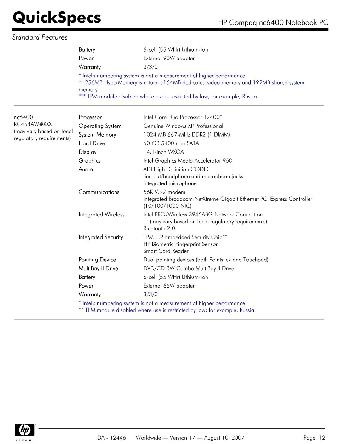 HP NC6400 manual External 90W adapter, Intel Core Duo Processor T2400, 60-GB 5400 rpm Sata 