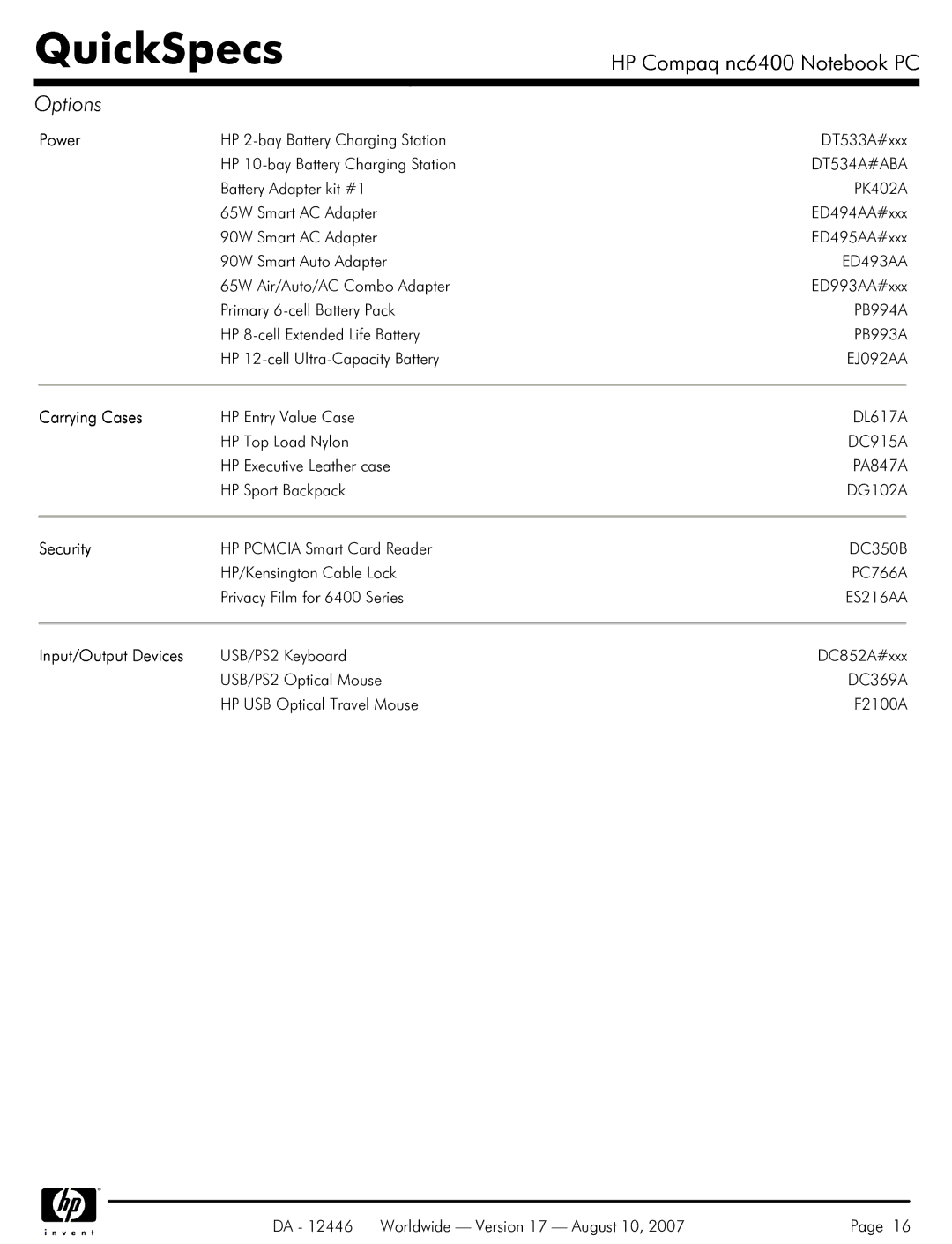 HP NC6400 manual Carrying Cases, Security, Input/Output Devices 